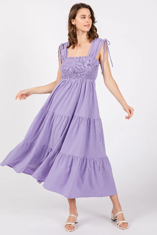 Beaded Dresses for Glamour -Lavender Smocked Sleeveless Drawstring Shoulder Tiered Midi Dress