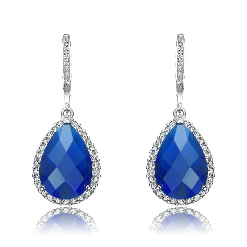 Drop Earrings for Work Attire -GENEVIVE Sterling Silver Sapphire Cubic Zirconia Halo Dangle Earrings