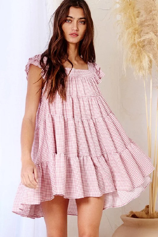 Beach Dresses for Coastal -Mauve Gingham Print Tiered Babydoll Mini Dress