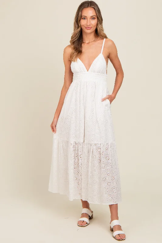 Leather Dresses for Luxury -Ivory Eyelet Lace Smocked Cutout Maxi Dress