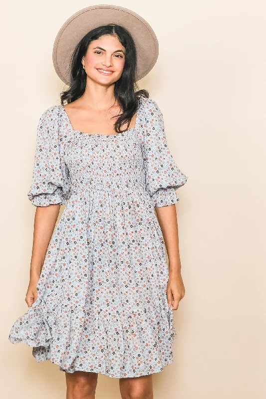 Cotton Dresses for Comfort -Blue Floral Smocked Dress