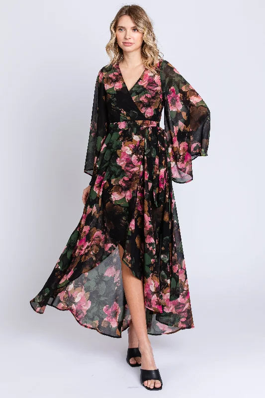 Solid Color Dresses for Simple -Green Floral Chiffon Wrap Front Hi-Low Dress