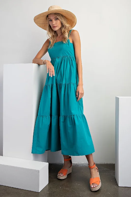 Solid Color Dresses for Simple -Teal Square Neck Cut Out Back Tiered Maxi Dress