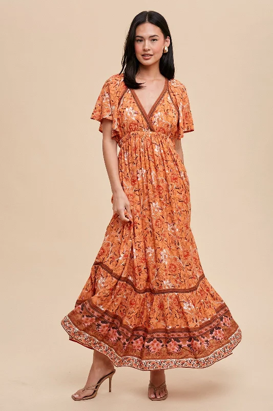 Studded Dresses for Statement -Orange Floral Flounce Sleeve Maxi Dress