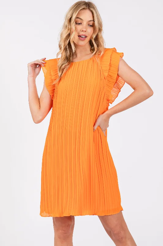 Hippie Dresses with Beads -Orange Flutter Sleeve Pleated Chiffon Mini Dress