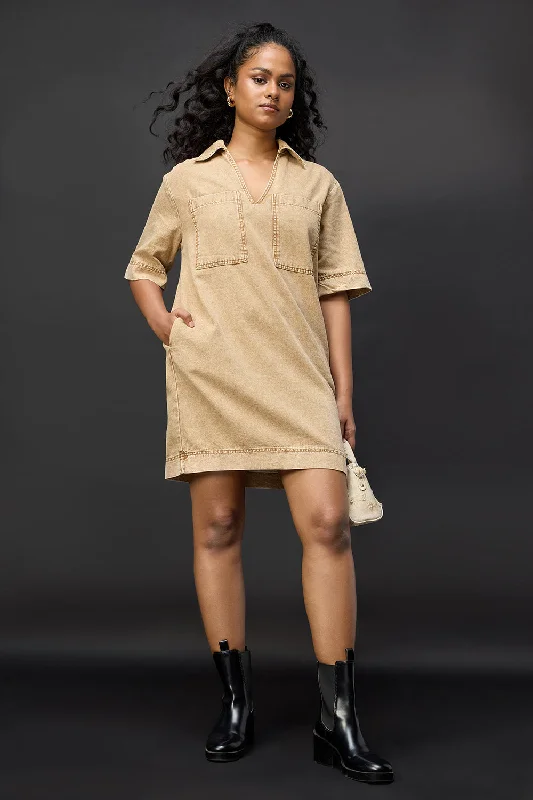 Short-sleeved Dresses for Summer -Tan Beige Denim Boxy Shirt Dress