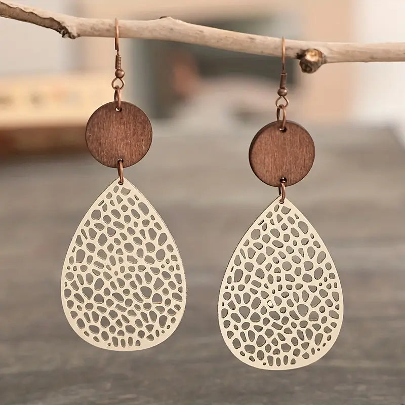 Crystal Drop Earrings for Sparkle -Vintage Hollow Leaf Shape PU Leather Earrings