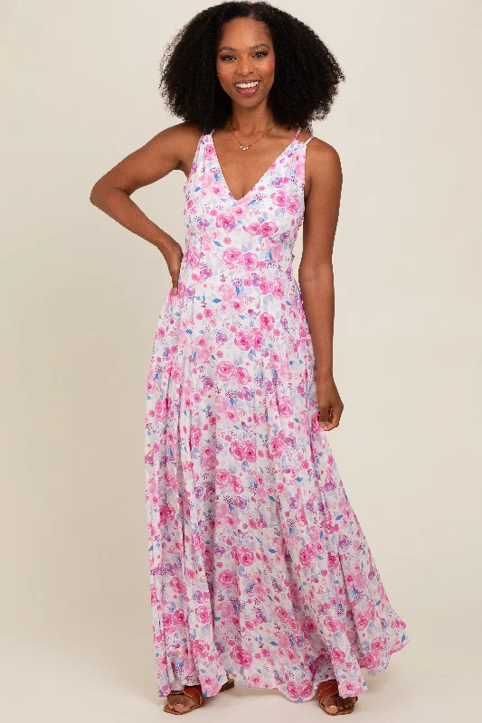 Low-waisted Dresses for Relaxed -Magenta Floral Crisscross Back Maxi Dress