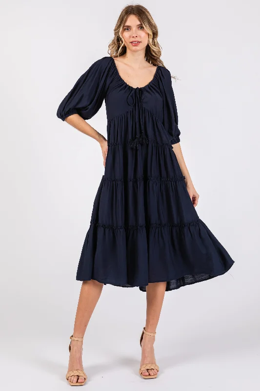 Sheath Dresses for Sophisticated -Navy Tiered Midi Dress