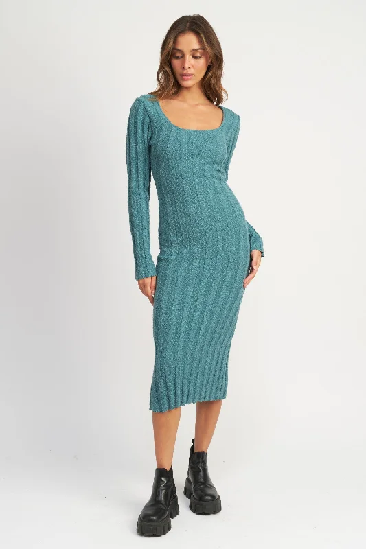 Leather Dresses for Luxury -Teal Long Sleeve Knit Sweater Dress