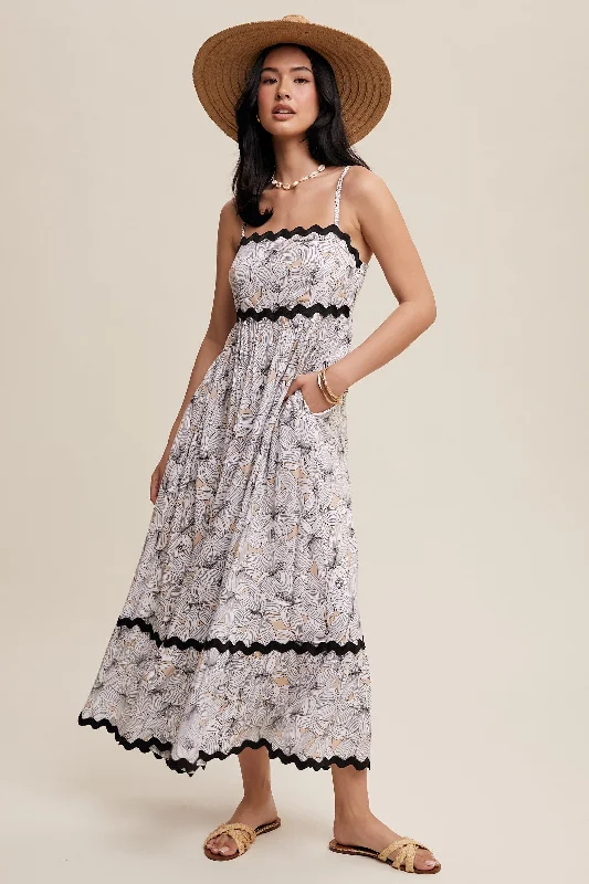 Gothic Dresses with Dark Tone -Taupe Floral Wavy Trim Maxi Dress