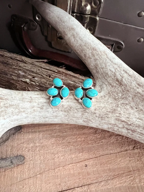 Drop Earrings for Valentine's Day -Turquoise Cluster Sterling Silver Navajo Earrings