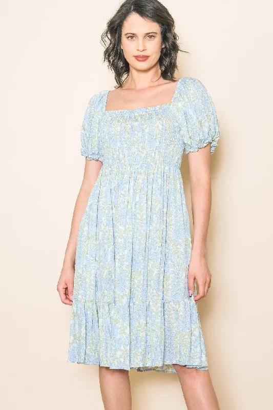 Nylon Dresses for Stretchable -Light Blue Floral Puff Sleeve Smocked Chest Dress