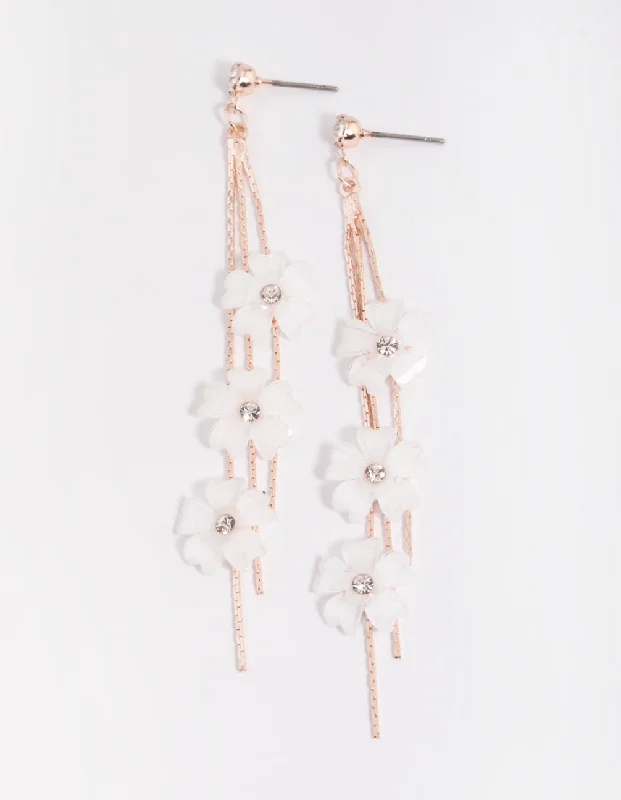 Leverback Drop Earrings for Comfort -Rose Gold White Flower Drop Earrings