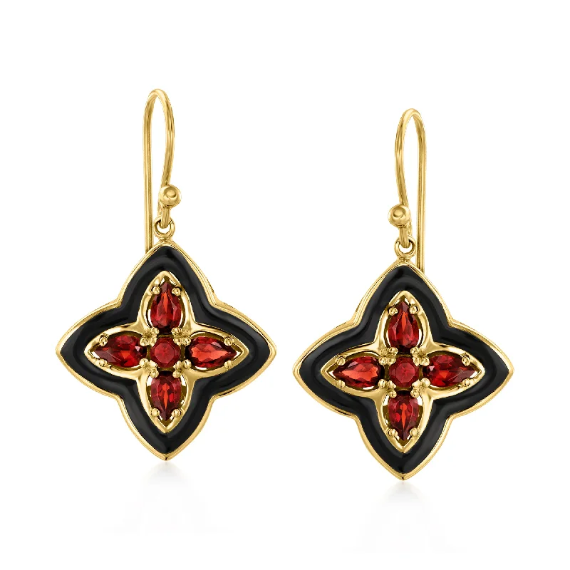 Drop Earrings with Matte Finish -Ross-Simons Garnet and Black Enamel Clover Drop Earrings in 18kt Gold Over Sterling