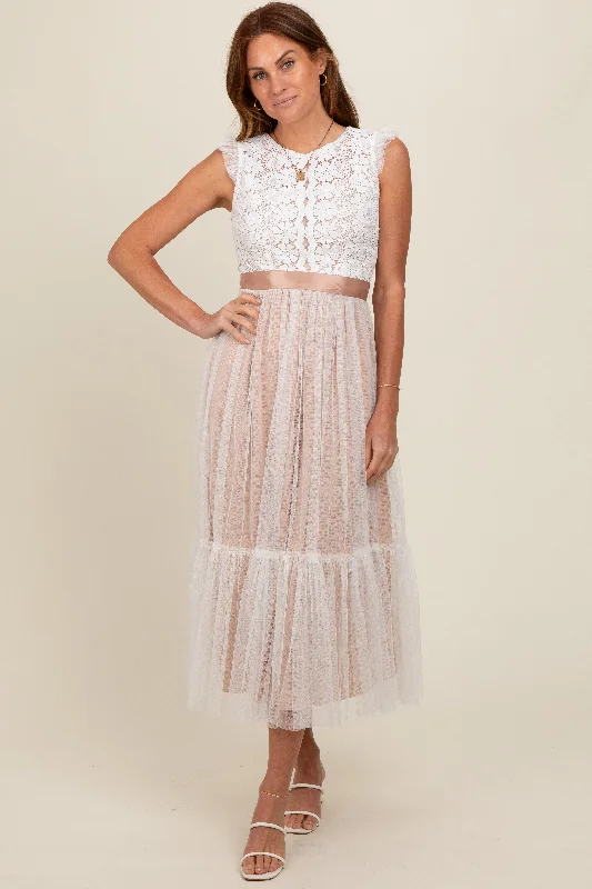 Wool Dresses for Warmth -White Lace Contrast Tulle Maxi Dress