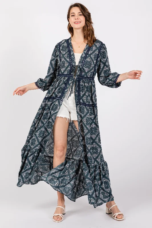 Zippered Dresses for Convenience -Teal Printed Tie Front Kimono Dress