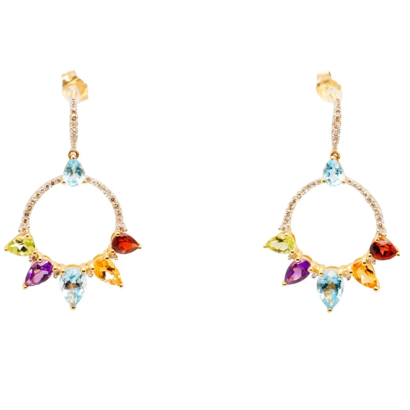 Drop Earrings with Embossed Patterns -14K Gold Circle With Precious Gemstones And Diamond Dangle Earrings