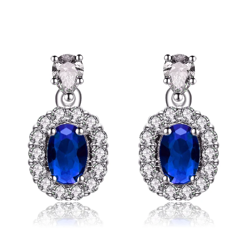 Drop Earrings for Everyday Glamour -GENEVIVE Sterling Silver Sapphire Cubic Zirconia Halo Drop Earrings