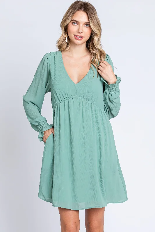 Gray Dresses for Subtle -Mint Green V-Neck Long Sleeve Dress