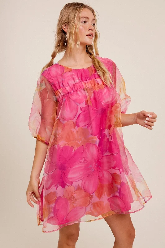 One-shoulder Dresses for Trendy -Pink Floral Print Puff Sleeve Babydoll Dress