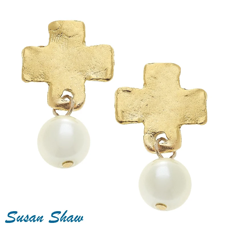 Studded Drop Earrings with Gemstones -Susan Shaw Cross with Glass Pearl Earrings