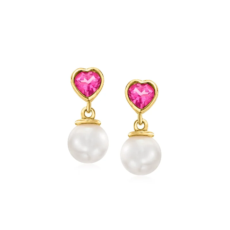 Drop Earrings for Gym Workout -Ross-Simons 7.5-8mm Cultured Pearl and Pink Topaz Heart Drop Earrings in 18kt Gold Over Sterling