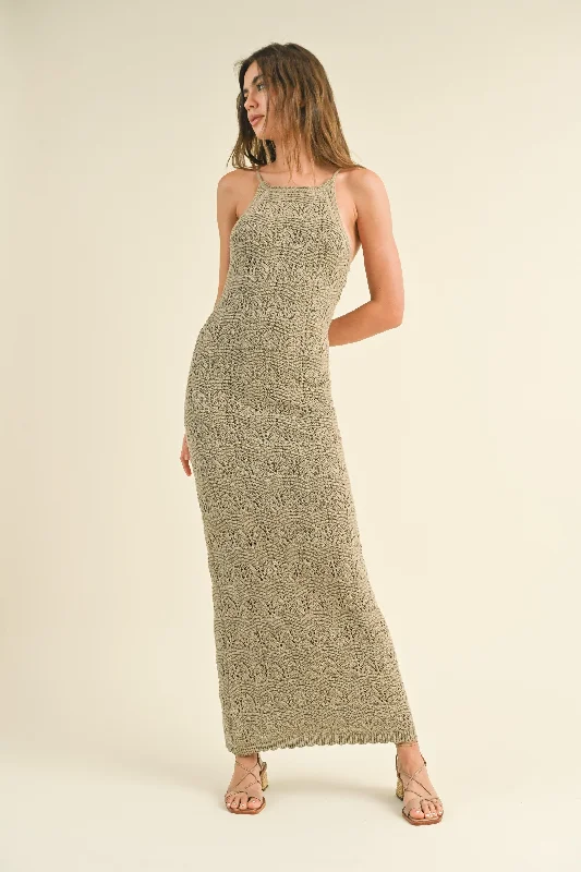 Minimalist Dresses for Simplicity -Taupe Crochet Knit Back Cutout Maxi Dress