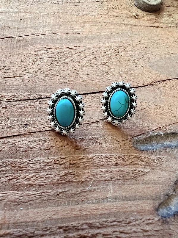 Drop Earrings with Hammered Finish -Oval Turquoise Stone Post Earrings