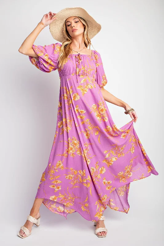 Sheath Dresses for Sophisticated -Lavender Floral Puff Sleeve Maxi Dress