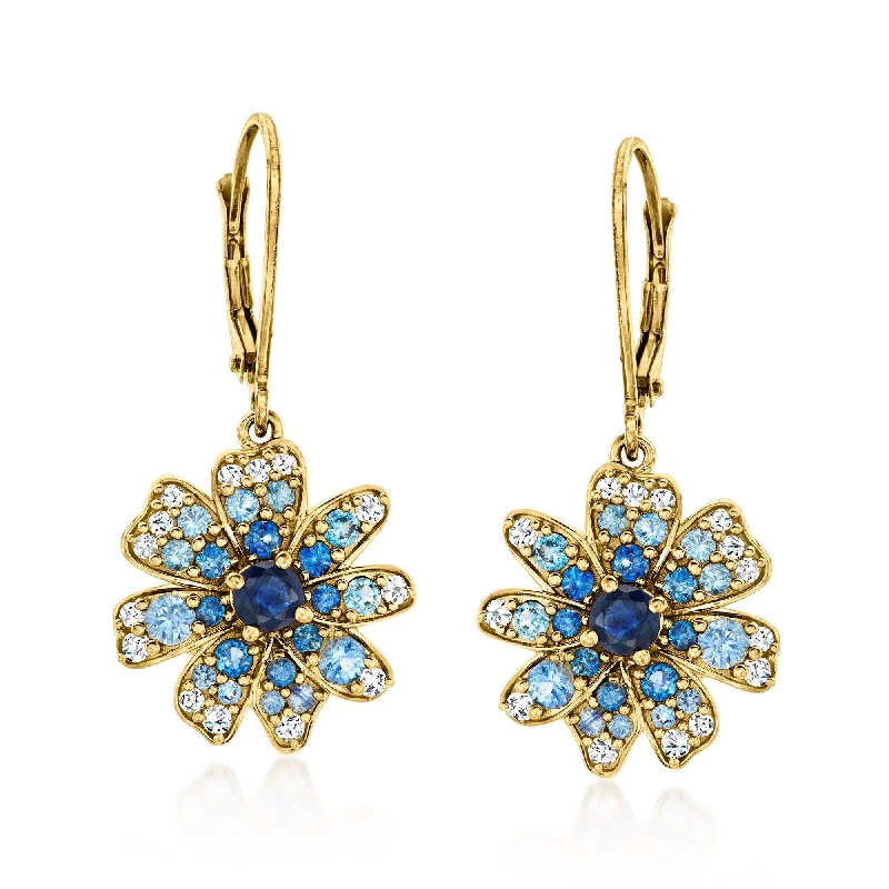 Drop Earrings with Textured Surface -Ross-Simons Tonal Blue Sapphire and . White Zircon Flower Drop Earrings in 18kt Gold Over Sterling