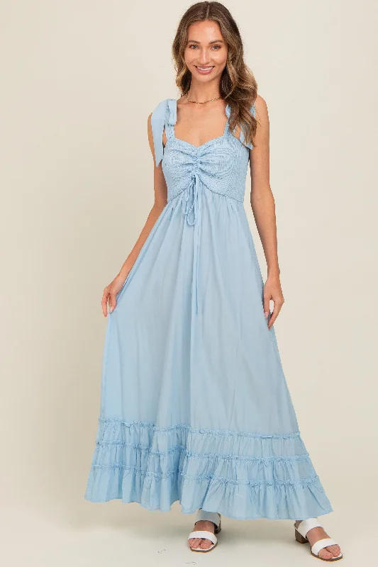 Silk Dresses for Luxurious -Light Blue Sweetheart Neck Smocked Shoulder Tie Maxi Dress