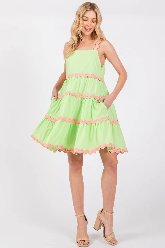 Ruffled Dresses for Girly -Lime Contrast Trim Tiered Dress