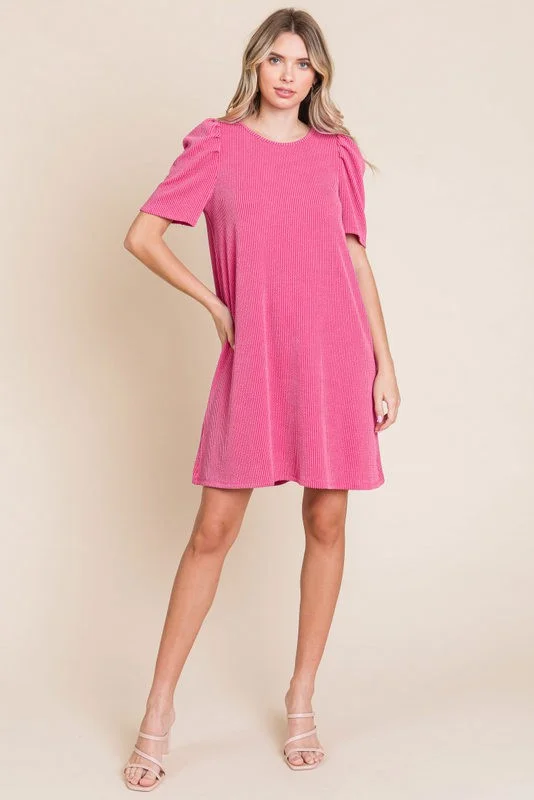 Off-shoulder Dresses for Feminine -Fuchsia Washed Ribbed Puff Sleeve Dress