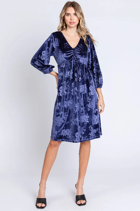 Satin Dresses for Shiny Look -Navy Velvet Floral Ruched Neck Dress