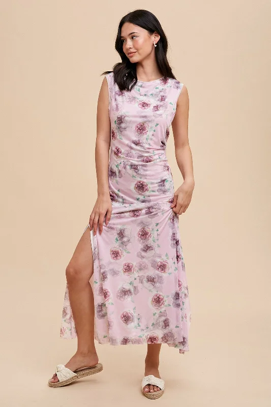 Ball Gown Dresses for Glamour -Lavender Rose Print Ruched Mesh Dress