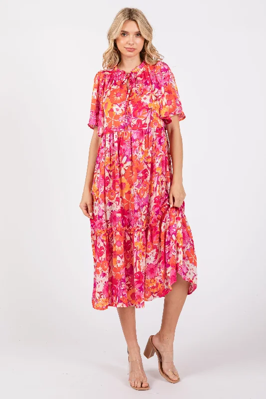 Striped Dresses for Fashionable -Pink Floral Satin Ruffle Short Flutter Sleeve Midi Dress