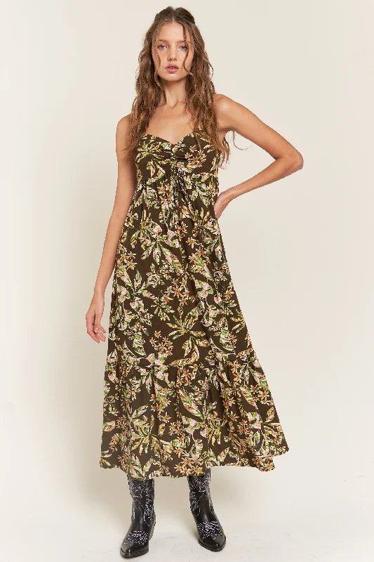 Maximalist Dresses for Bling -Brown Floral Sleeveless Front Cinched Midi Dress