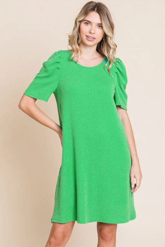 Long-sleeved Dresses for Coverage -Green Washed Ribbed Puff Sleeve Dress