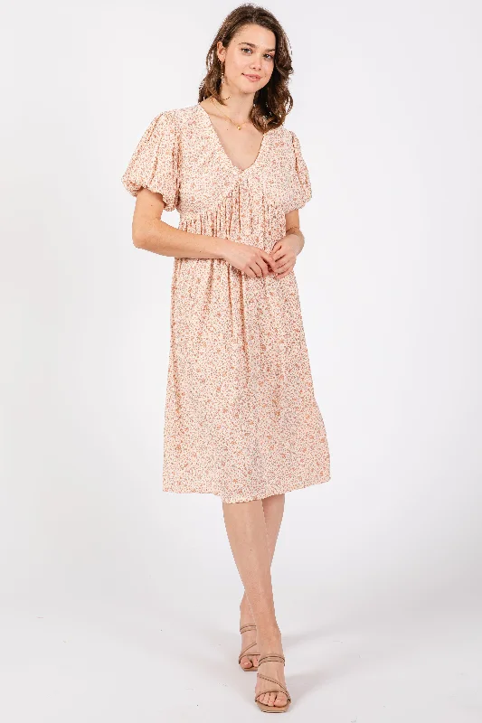 Studded Dresses for Statement -Peach Floral Puff Sleeve Midi Dress