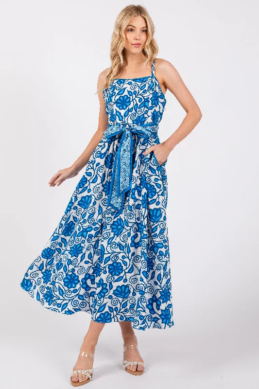 Tiered Dresses for Voluminous -Blue Floral Crochet Accent Waist Tie Dress