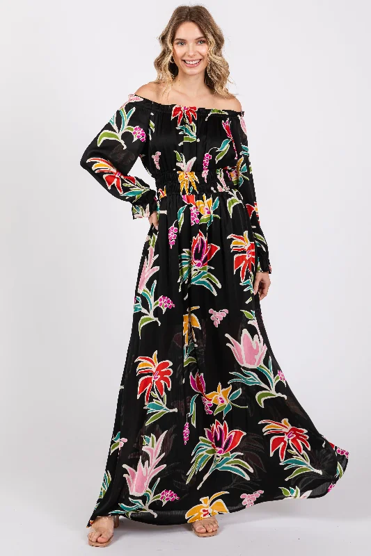 African Dresses with Culture -Black Floral Ruffle Neck Maxi Dress