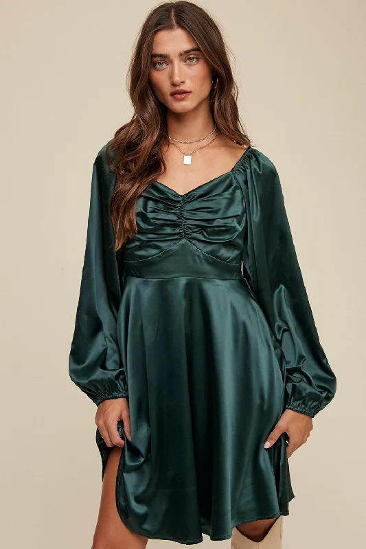 Yellow Dresses for Bright -Deep Green Cinched Long Sleeve Satin Dress