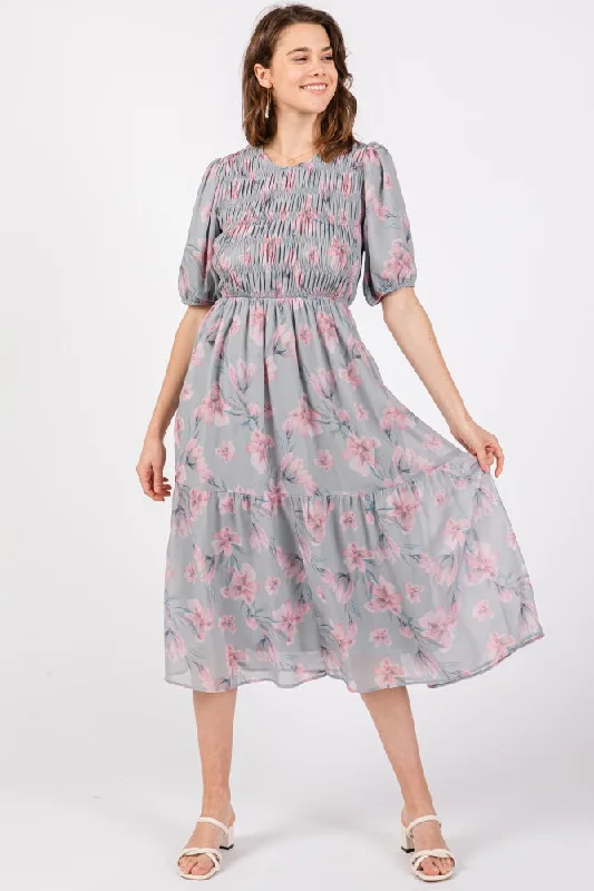 Maximalist Dresses for Bling -Grey Floral Smocked Ruffle Hem Midi Dress