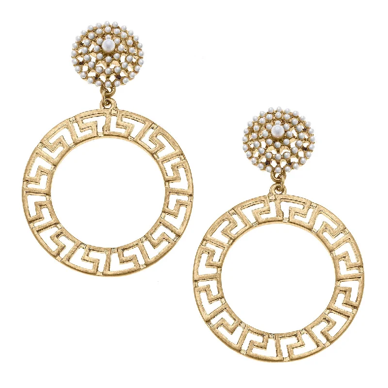 Lightweight Drop Earrings for All Day -Emilia Greek Kets Circle & Pearl Earrings - Worn Gold