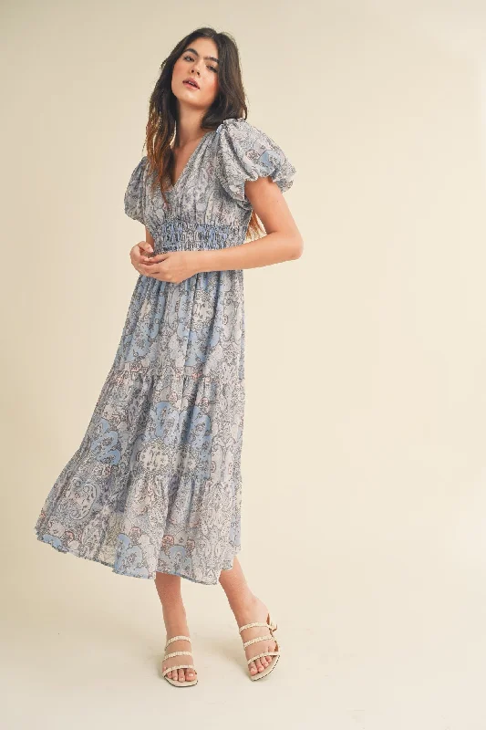 Valentine's Day Dresses for Romance -Blue Multi Paisley Bubble Sleeve Midi Dress