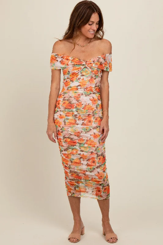 Shift Dresses for Simple Look -Orange Floral Off Shoulder Ruched Midi Dress