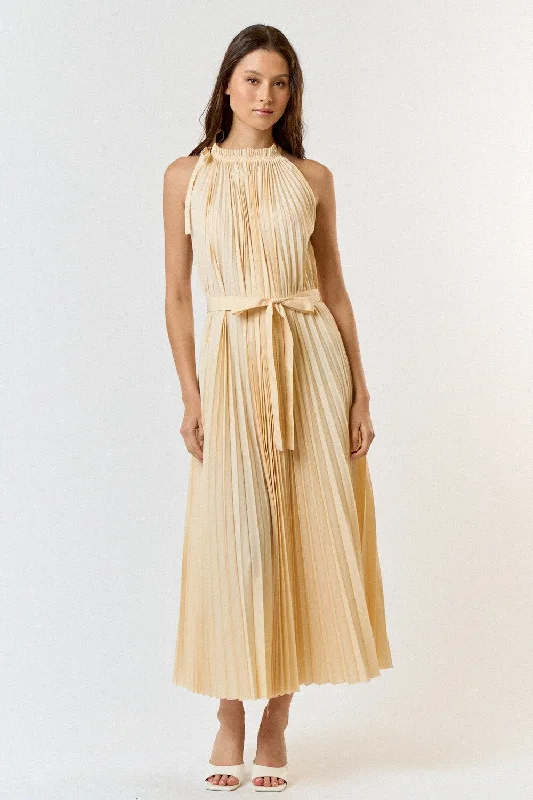 Ball Gown Dresses for Glamour -Cream Pleated Empire Tied Waist Midi Dress