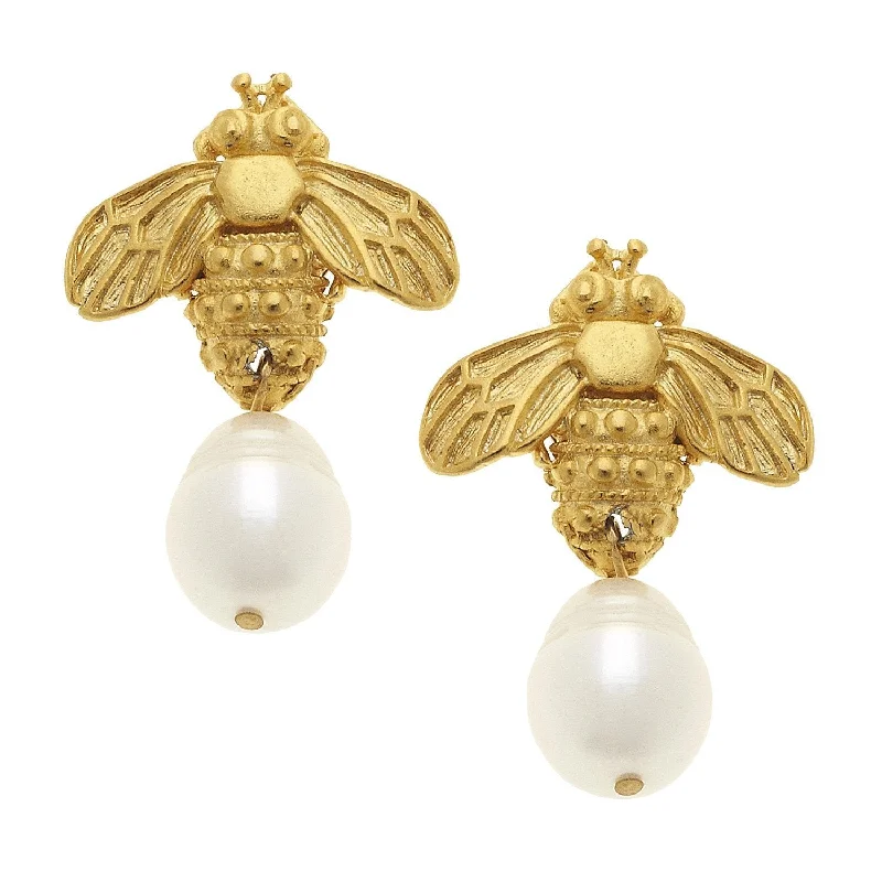 Nickel Free Drop Earrings for Safety -Susan Shaw Handcast Bee + Pearl Drop Earrings