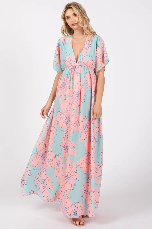 Halter Dresses for Chic Style -Salmon Floral Back Cutout Maxi Dress